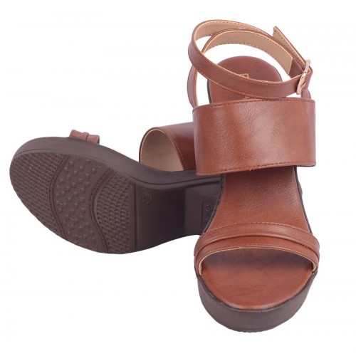 Estatos Synthetic             Leather Buckle Closure Twin Strap Tan  Block Heel Sandals